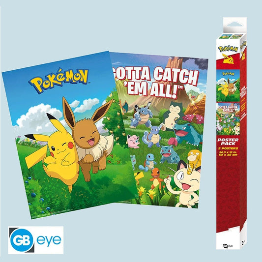 [B-Ware – Verpackung beschädigt] Pokémon – Poster-Set (2er-Pack, 52 x 38 cm) – Motive: Pikachu & Evoli / Kanto-Gruppenbild