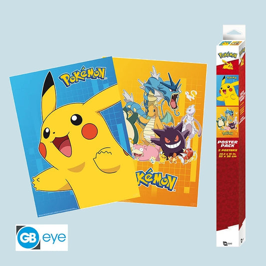 Pokémon – Poster-Set (2er-Pack, 52 x 38 cm) – Motive: Großes Pikachu / 14er Pokémon Gruppenbild